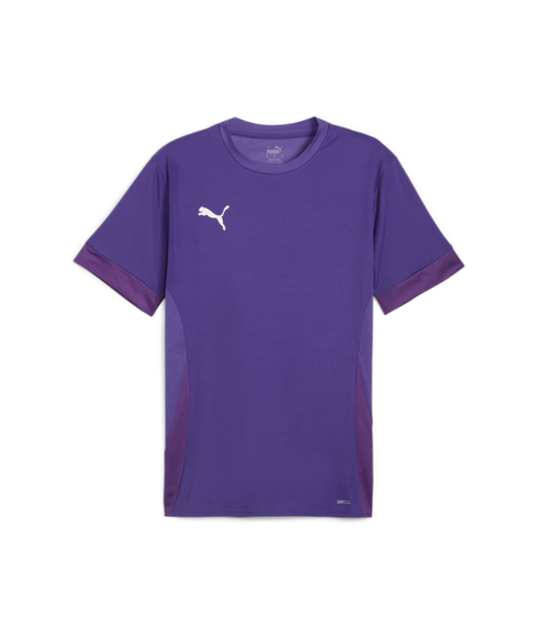 Purple Puma short-sleeved sports shirt with a white logo on the chest and dark purple side panels.