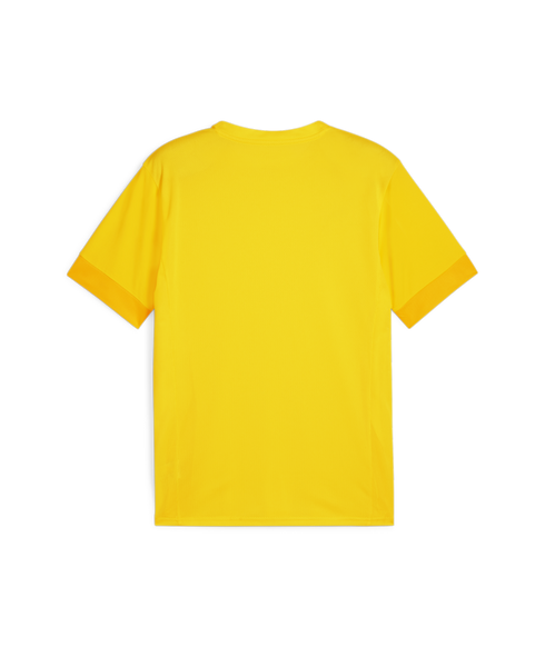 Back view of a bright yellow, short-sleeved athletic t-shirt with a crew neck and textured mesh fabric.