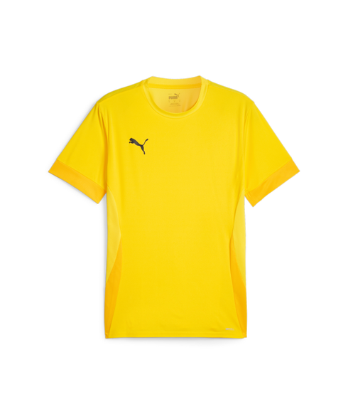 A yellow, short-sleeved Puma sports t-shirt with a black logo on the chest and breathable mesh panels on the sides and sleeve cuffs.