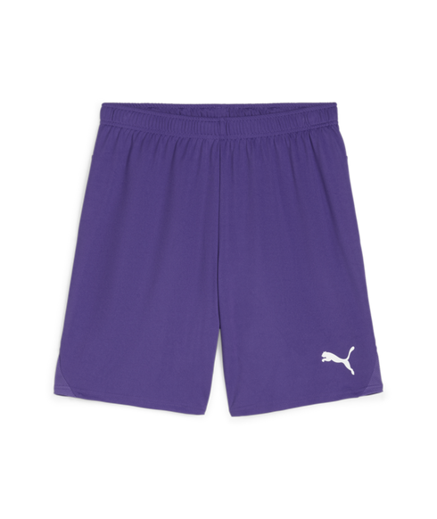 Purple Puma athletic shorts with a white leaping cat logo on the lower left leg.