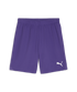 Purple Puma athletic shorts with a white leaping cat logo on the lower left leg.