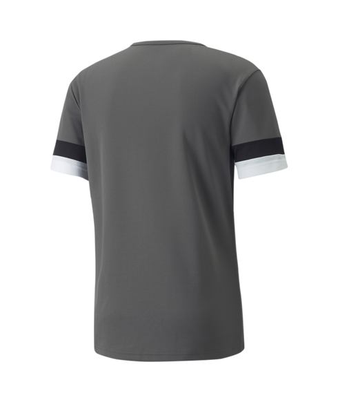 Back view of a grey short-sleeved T-shirt with black and white horizontal bands on the sleeve cuffs.
