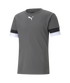 Grey Puma short-sleeve shirt with a white cat logo on the chest and black and white striped sleeve cuffs.