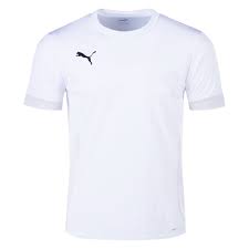 A white short-sleeved Puma t-shirt with a round crew neck and a small black Puma logo on the chest.