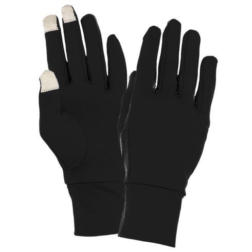 Pair of black touchscreen-compatible gloves against a white background. One glove displays grey conductive material on three fingertips.