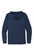 Back view of a navy blue hooded sweatshirt featuring long sleeves with ribbed cuffs and a ribbed hem.