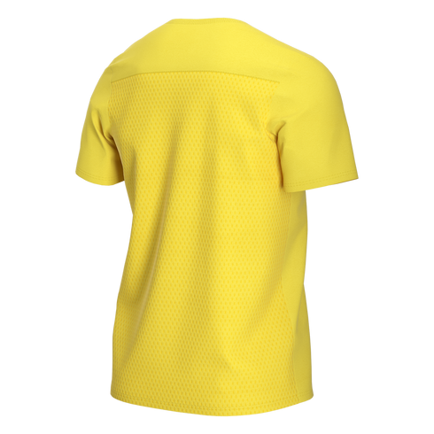 Back view of a bright yellow short-sleeved t-shirt with a mesh-textured back panel.