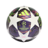 Adidas UEFA Champions League 2024 Budapest Final soccer ball featuring white star panels and iridescent purple-green patterns with lion graphics.