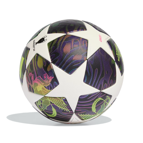 UEFA Champions League soccer ball featuring white star panels and iridescent dark patterns, marked "Budapest 26 Final" on a black background.