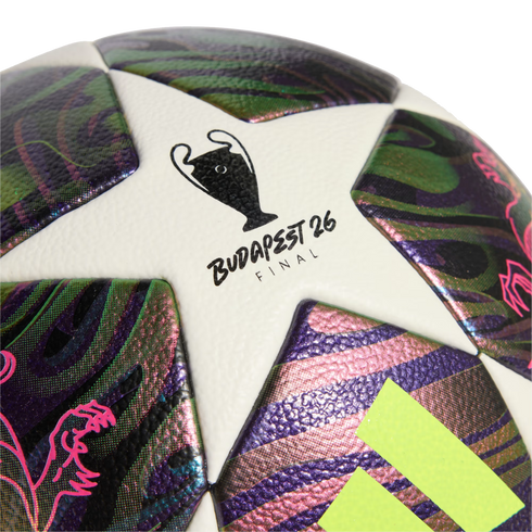 Close-up of an Adidas UEFA Champions League Budapest 2026 Final soccer ball featuring iridescent star panels and the official tournament trophy logo.