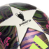 Close-up of an Adidas UEFA Champions League Budapest 2026 Final soccer ball featuring iridescent star panels and the official tournament trophy logo.