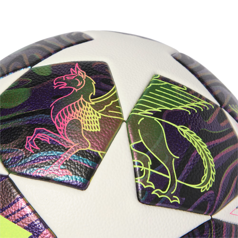 Close-up of a white soccer ball featuring dark, iridescent panels with neon-colored outlines of mythical creatures like a griffin and a dragon.