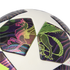 Close-up of a white soccer ball featuring dark, iridescent panels with neon-colored outlines of mythical creatures like a griffin and a dragon.