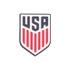 Shield-shaped crest with dark blue "USA" block lettering above seven vertical red stripes on a white background.