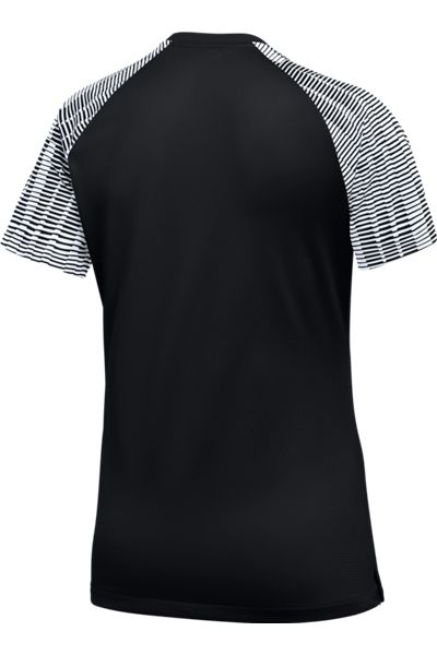 Back view of a short-sleeved athletic shirt with a solid black body and raglan sleeves featuring thin horizontal white stripes.