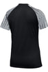 Back view of a short-sleeved athletic shirt with a solid black body and raglan sleeves featuring thin horizontal white stripes.