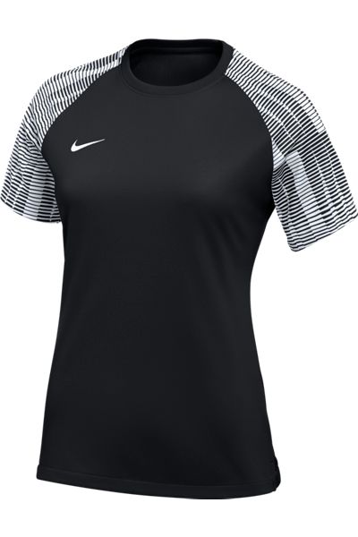 Black Nike short-sleeve athletic shirt with horizontal white and black striped raglan sleeves and a white swoosh logo on the chest.