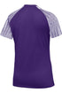 Back view of a purple short-sleeved athletic shirt featuring purple and white horizontally striped raglan sleeves.
