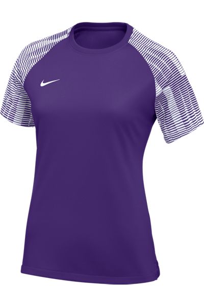 Purple Nike women’s athletic shirt featuring white-striped raglan sleeves and a small white swoosh on the chest.