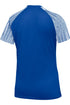 Rear view of a royal blue athletic shirt featuring raglan sleeves with blue and white horizontal stripes.