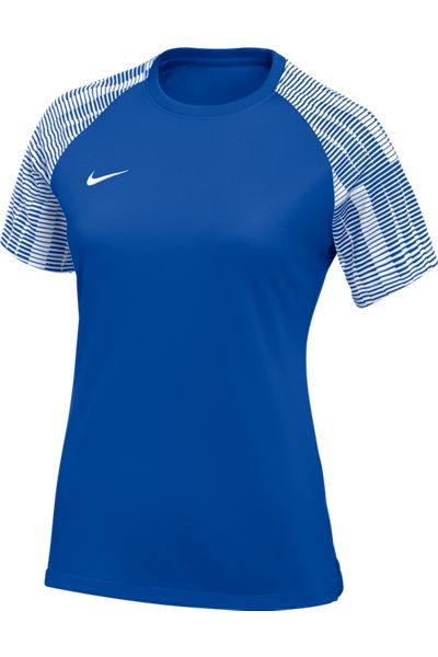 A blue Nike athletic t-shirt featuring blue and white striped short sleeves and a white Nike swoosh logo on the upper chest.