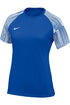 A blue Nike athletic t-shirt featuring blue and white striped short sleeves and a white Nike swoosh logo on the upper chest.
