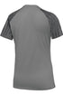 Back view of a grey short-sleeved athletic jersey featuring black horizontal stripes on raglan sleeves.