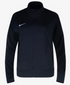 A front view of a black Nike zip-up track jacket featuring a high collar, two side pockets, and a white Nike swoosh logo on the right chest.