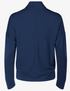 Back view of a navy blue, high-collared athletic jacket featuring a central vertical seam and ribbed hem.