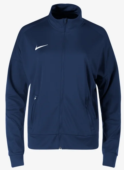 A navy blue Nike zip-up track jacket with a white swoosh on the chest, a high collar, and two side zippered pockets.
