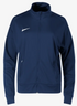 A navy blue Nike zip-up track jacket with a white swoosh on the chest, a high collar, and two side zippered pockets.