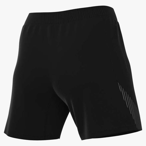Rear view of black athletic shorts with an elastic waistband and reflective silver diagonal stripes on the left leg.