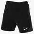 Black Nike athletic shorts with a white swoosh logo and a pinstriped panel on the side of one leg.