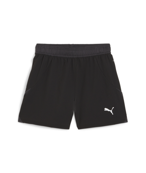 A pair of black Puma athletic shorts featuring a dark grey elastic waistband and a white Puma logo on the bottom left leg.