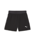 A pair of black Puma athletic shorts featuring a dark grey elastic waistband and a white Puma logo on the bottom left leg.
