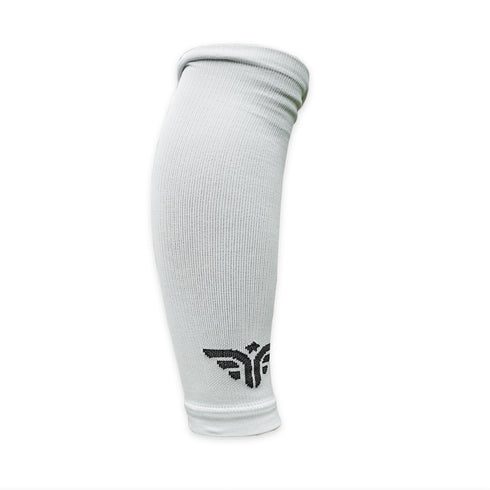 A white For The Footballer XLR8R Regular Leg Sleeve shown from a side profile against a white background, featuring a black winged logo near the bottom cuff.