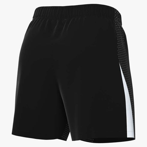 Rear view of black athletic shorts featuring an elastic waistband and a white stripe over a side mesh panel.