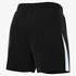 Rear view of black athletic shorts featuring an elastic waistband and a white stripe over a side mesh panel.