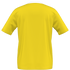 Back view of a plain yellow short-sleeved t-shirt with a white crew neck collar, set against a solid black background.