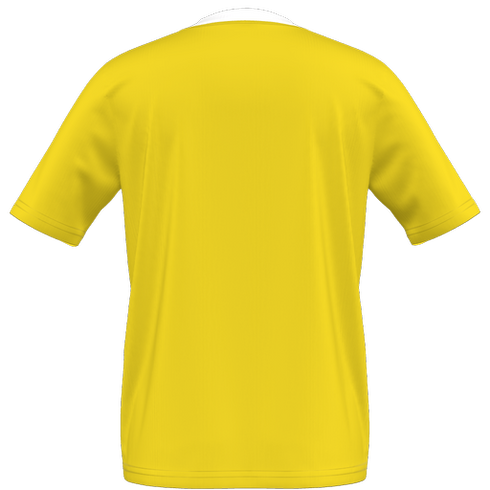 Back view of a bright yellow short-sleeved t-shirt with a white collar band.