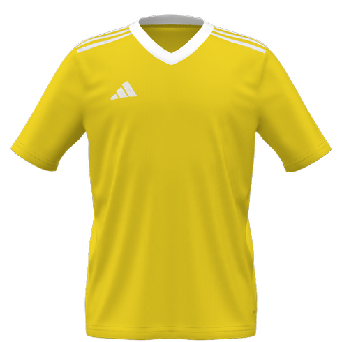Bright yellow short-sleeved Adidas soccer jersey featuring a white V-neck collar, white shoulder stripes, and a white Adidas logo on the chest.