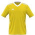 A bright yellow short-sleeved athletic jersey featuring white shoulder stripes, a white V-neck collar, and a white logo on the chest.