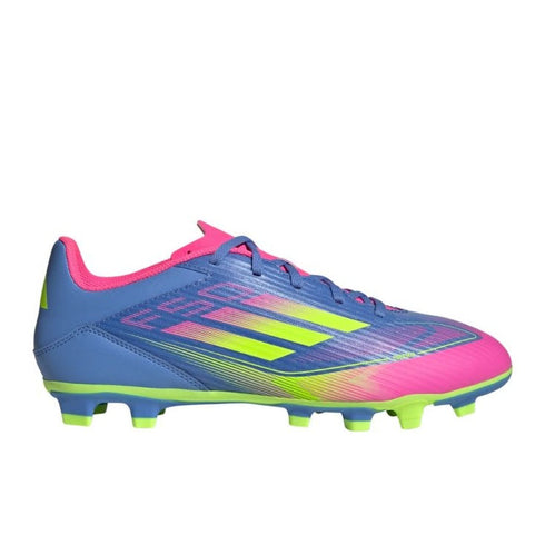 Side profile of a blue, pink, and neon green Adidas F50 soccer cleat.