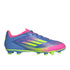 Side profile of a blue, pink, and neon green Adidas F50 soccer cleat.