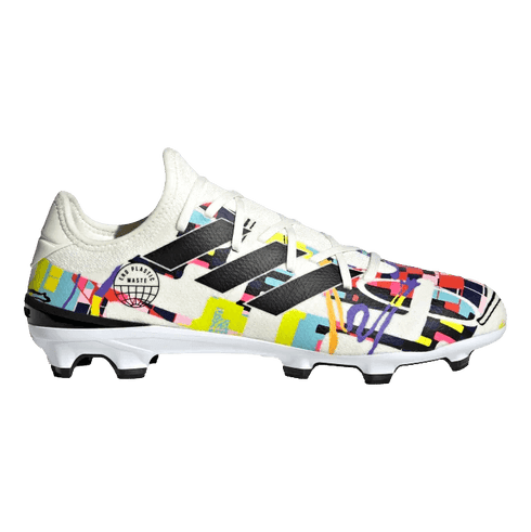 A white Adidas soccer cleat featuring a vibrant, multi-colored abstract pattern, three black stripes on the side, white laces, and a white cleated sole with black studs.