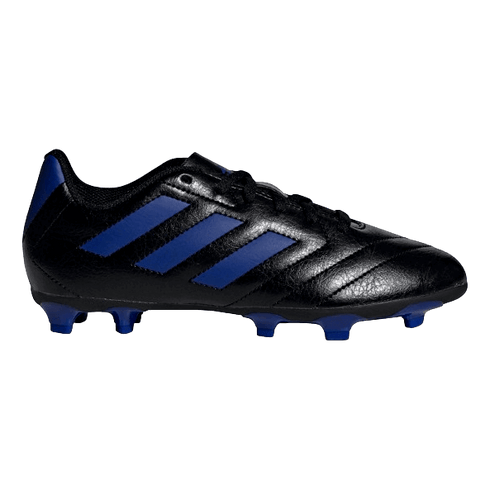 Side profile of a black soccer cleat featuring three blue diagonal stripes and matching blue studs on the sole.