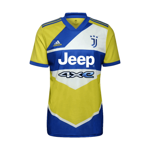 Juventus 2021-22 third jersey featuring a bold yellow, blue, and white geometric color-block design with the club crest and Jeep sponsor.