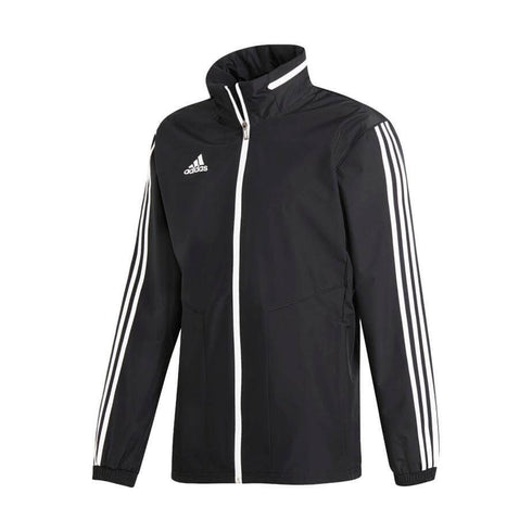 A black Adidas track jacket featuring a full white zipper, three white stripes on the sleeves, and a white Adidas logo on the chest.