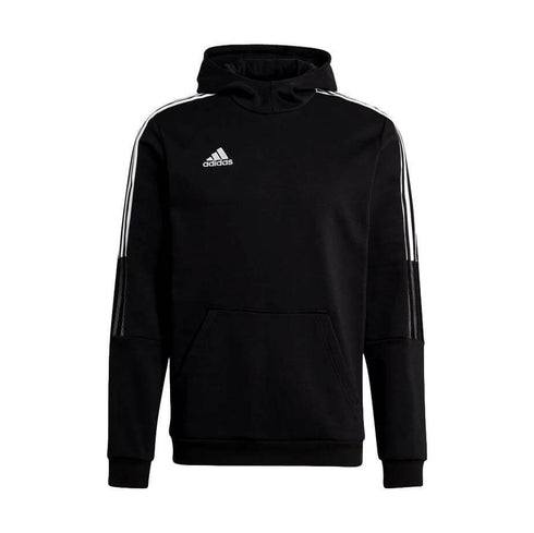 Black Adidas hoodie featuring three white stripes along the shoulders and sleeves, a small white logo on the chest, and a front kangaroo pocket.
