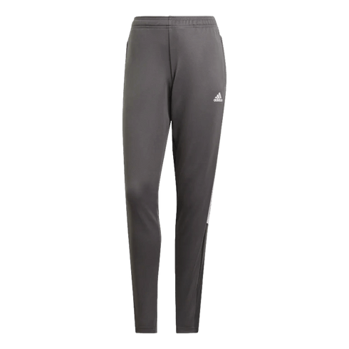 Grey Adidas track pants with a white logo on the right thigh and white side stripes, shown against a black background.